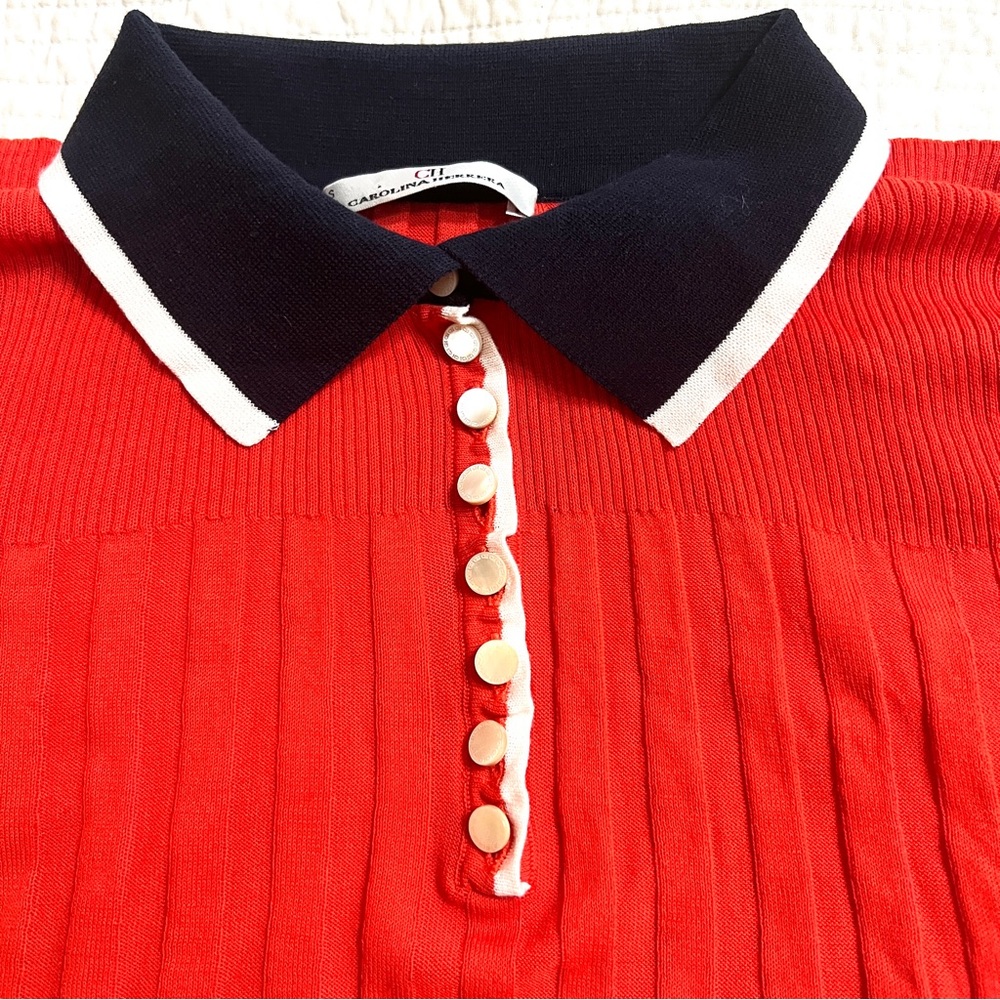 Carolina Herrera red, contrast tipped ribbed fitted polo women’s S